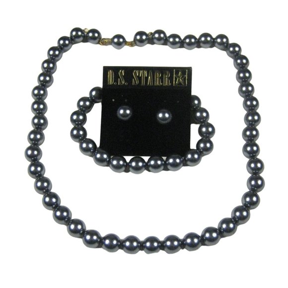 DS STARR Necklace Earrings Bracelet Women Set 3 Black Faux Pearl Bead String VTG - Picture 2 of 11